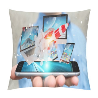 Personality  Businessman Connecting Tech Devices And Startup Rocket 3D Render Pillow Covers