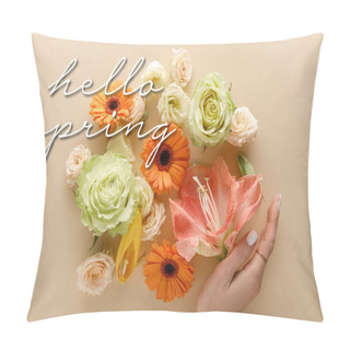 Personality  Top View Of Spring Flowers And Female Hand On Beige Background, Hello Spring Illustration Pillow Covers