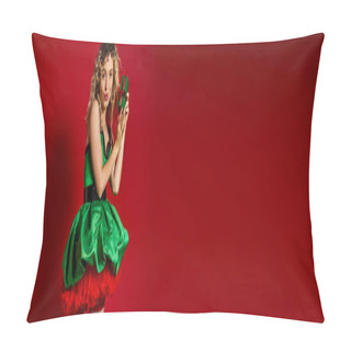 Personality  Astonished New Year Elf In Green Dress With Pouted Lips Holding Gift And Looking At Camera, Banner Pillow Covers