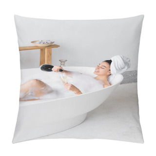 Personality  Smiling Woman Pouring Champagne In Glass In Bathtub  Pillow Covers