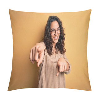 Personality  Beautiful Woman With Curly Hair Wearing Striped Shirt And Glasses Over Yellow Background Pointing To You And The Camera With Fingers, Smiling Positive And Cheerful Pillow Covers