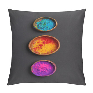 Personality  Top View Of Colorful Holi Powder In Bowls In Row On Grey Surface  Pillow Covers