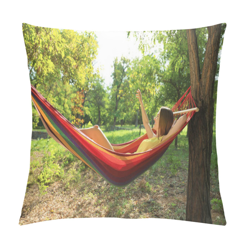 Personality  Young woman resting in comfortable hammock at green garden pillow covers