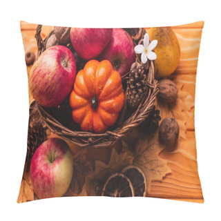 Personality  Wicker Basket With Autumnal Harvest On Wooden Background Pillow Covers