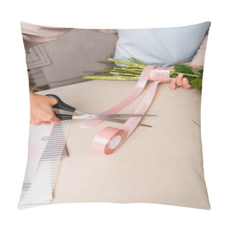 Personality  Cropped View Of Florist With Scissors Cutting Decorative Ribbon Near Tied Stalks Of Bouquet On Desk Pillow Covers