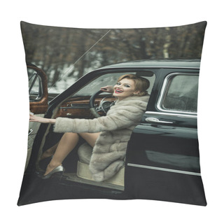 Personality  Call Girl In Vintage Car. Call Girl With Stylish Hair And Fashionable Makeup. Pillow Covers