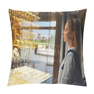 Personality  Woman On Gold Market In Sharjah City, United Arab Emirate Pillow Covers