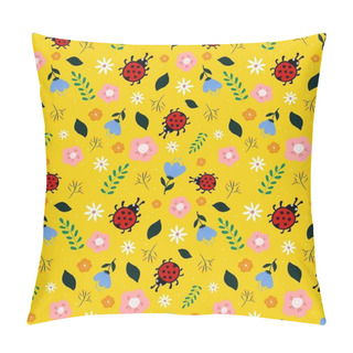 Personality   A Seamless Pattern With A Nature Theme. Colorful Flowers, Ladybugs And Berries . Designs For Paper, Fabric, Clothing And Other Objects. Pillow Covers