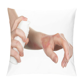 Personality  Treatment Of Burns By Spray On Female Hand Isolated On White Pillow Covers