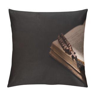 Personality  Holy Bible With Catholic Rosary In Dark With Sunlight Pillow Covers