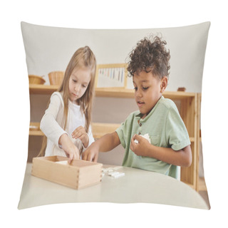 Personality  Math Learning, African American Boy Playing With Girl, Montessori School Concept, Diverse Kids Pillow Covers