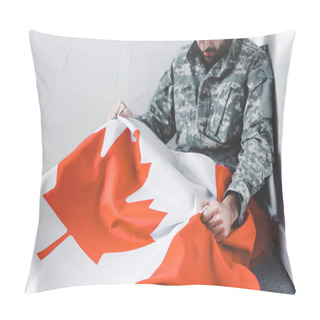 Personality  Depressed Man In Military Uniform Sitting On Floor In Corner And Holding Canada National Flag Pillow Covers