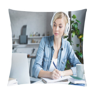 Personality  Young Blonde Woman In Headphones Studying Online And Making Notes Pillow Covers