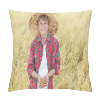 Personality  Portrait Of Smiling Teenage Farm Boy Is With Oat Seeds In Cupped Palms At Ripe Field Pillow Covers
