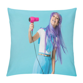 Personality  Smiling Asian Anime Girl In Wig Using Hairdryer Isolated On Blue Pillow Covers