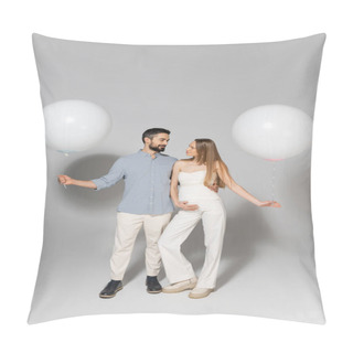 Personality  Full Length Of Fashionable Expecting Parents Hugging And Looking At Each Other While Holding Festive Balloons During Gender Reveal Surprise Party On Grey Background Pillow Covers