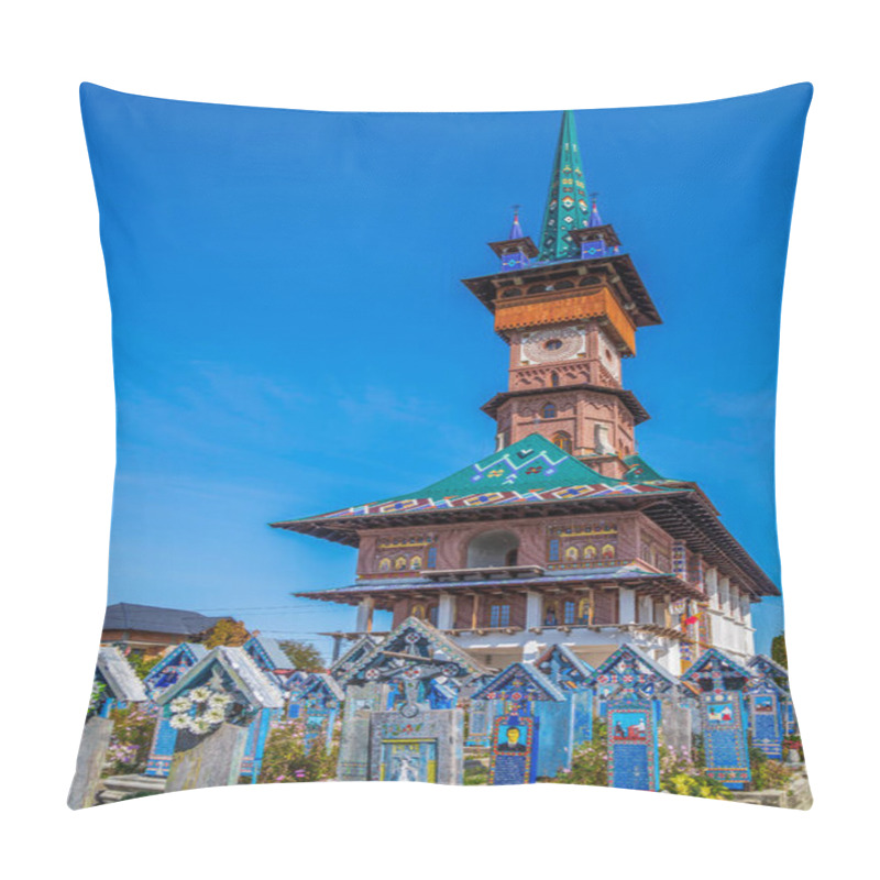 Personality  SAPANTA, MARAMURES, ROMANIA - SEPTEMBER 18, 2020: The Merry Cemetery, famous in the world for its colourful wood tombstones, with naive paintings describing the people who are buried there. pillow covers
