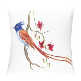 Personality  Bird Of Paradise On A Branch With Tropical Flowers, Watercolor On A White Background, Isolated Pillow Covers
