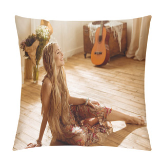 Personality  Smiling Woman In Bohemian Style Pillow Covers