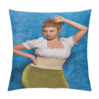 Personality  Young Redhead Plus Size Woman In Stylish Clothes Posing With Hand On Hip On Blue Textured Backdrop Pillow Covers