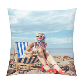 Personality  Beautiful Elegant Girl In Sunglasses Holding Jar With Cocktail And Relaxing In Beach Chair On Rocky Shore Pillow Covers