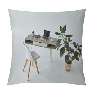 Personality  White Chair, Ficus In Flowerpot, Table With Laptop And Books On Grey  Pillow Covers