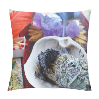 Personality  A Close Up Image Of A Burning White Sage Smudge Stick Used For Clearing Energy And Healing. Pillow Covers