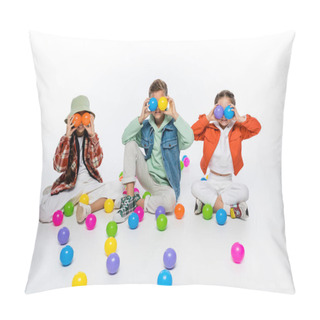 Personality  Happy Preteen Kids Sitting And Covering Eyes With Colorful Balls In Air On White Pillow Covers