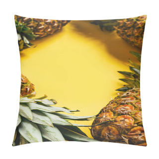 Personality  Selective Focus Of Fresh Ripe Pineapples With Green Leaves On Yellow Background Pillow Covers