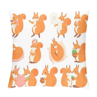 Personality  Cute Squirrel Cartoon Mascot. Couple Squirrels Love, Squirrel With Nut, Mushroom And Coffee Cup. Funny Sleeping Animal Vector Set. Adorable Fluffy Rodents Pack. Forest Fauna Stickers Collection Pillow Covers