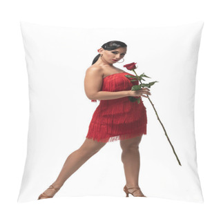 Personality  Beautiful, Elegant Tango Dancer Holding Red Rose And Looking At Camera On White Background Pillow Covers