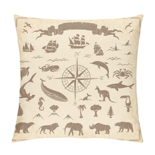 Personality  Ancient Vintage Retro Map Maritime Animal Nature Element Set - Vector Pillow Covers