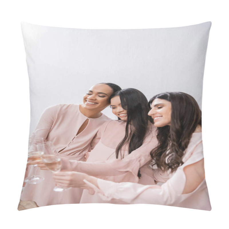Personality  Three Multicultural Bridesmaids, Pretty Women In Pastel Pink Dresses Clinking Glasses Of Champagne On Grey Background, Diversity, Fashion, Celebration, Cheers, Diverse Races  Pillow Covers
