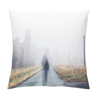 Personality  A Lonely, Ghostly Silhouetted Figure Walking Down A Spooky, Foggy Lane Next To The Ruins Of An Old Castle. Pillow Covers