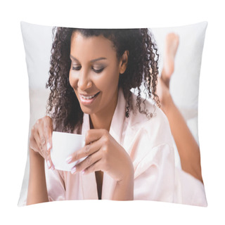 Personality  Positive African American Woman Looking At Cup Of Coffee In Bedroom  Pillow Covers