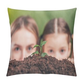 Personality  Selective Focus Of Woman And Girl Looking At Young Growing Plant On Blurred Background, Earth Day Concept Pillow Covers