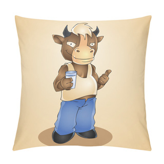 Personality  Funny Cartoon Bull With Glass Of Milk. Vector Illustration Pillow Covers