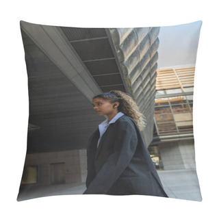 Personality  Side View Of African American Woman In Oversize Suit Listening Music And Walking On Urban Street In Prague  Pillow Covers