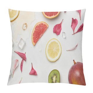 Personality  Top View Of Arrangement Of Fresh Exotic Fruits, Ice Cubes And Flower Petals On White Surface Pillow Covers