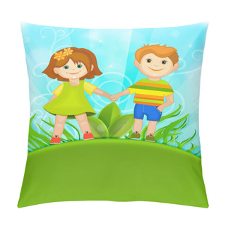 Personality  Boy And Girl Holding Hands Against The Blue Sky. Pillow Covers