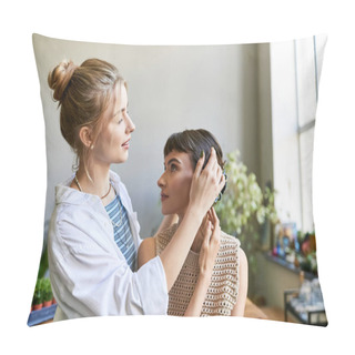 Personality  A Woman Lovingly Styles Another Womans Hair In An Art Studio. Pillow Covers
