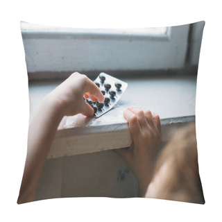Personality  Child Takes Pack Of Pills. Dangerous Situation. A Small Child Curious About A Prescription Drug Container Illustrating The Importance Of Drug Safety And Parental Supervision And Communication. Pillow Covers
