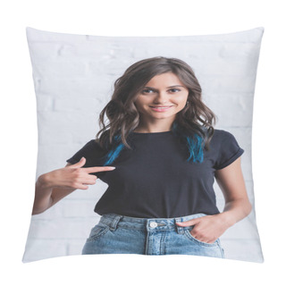 Personality  Happy Young Woman Pointing By Finger On Empty Black T-shirt  Pillow Covers
