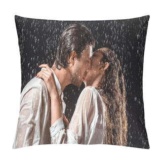 Personality  Side View Of Couple Kissing Under Rain Isolated On Black Pillow Covers