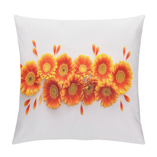 Personality  Top View Of Orange Gerbera Flowers With Petals On White Background Pillow Covers
