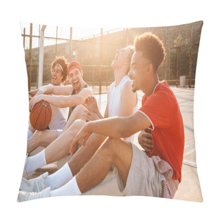 Personality  Group Of Laughing Multiethnic Friends Basketball Players Sitting At The Sports Ground, Talking Pillow Covers