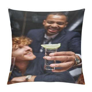 Personality  Focus On Tequila Shot With Sliced Lime On Top, African American Man Holding Drink Near Friend In Bar Pillow Covers