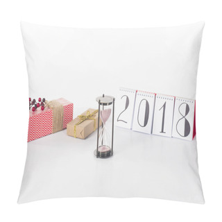 Personality  Close Up View Of Blank Calendar, Sand Clock And Wrapped Gifts Isolated On White Pillow Covers