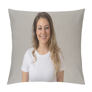 Personality  Close Up Portrait Of Attractive Young Caucasian Woman With Happy Face And Beautiful Smile. Isolated On Neutral Background In People, Positive Human Facial Expressions And Emotions Concept. Pillow Covers