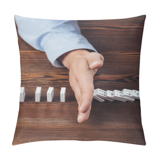 Personality  Top View Of Man Preventing Dominoes From Falling On Wooden Desk Pillow Covers